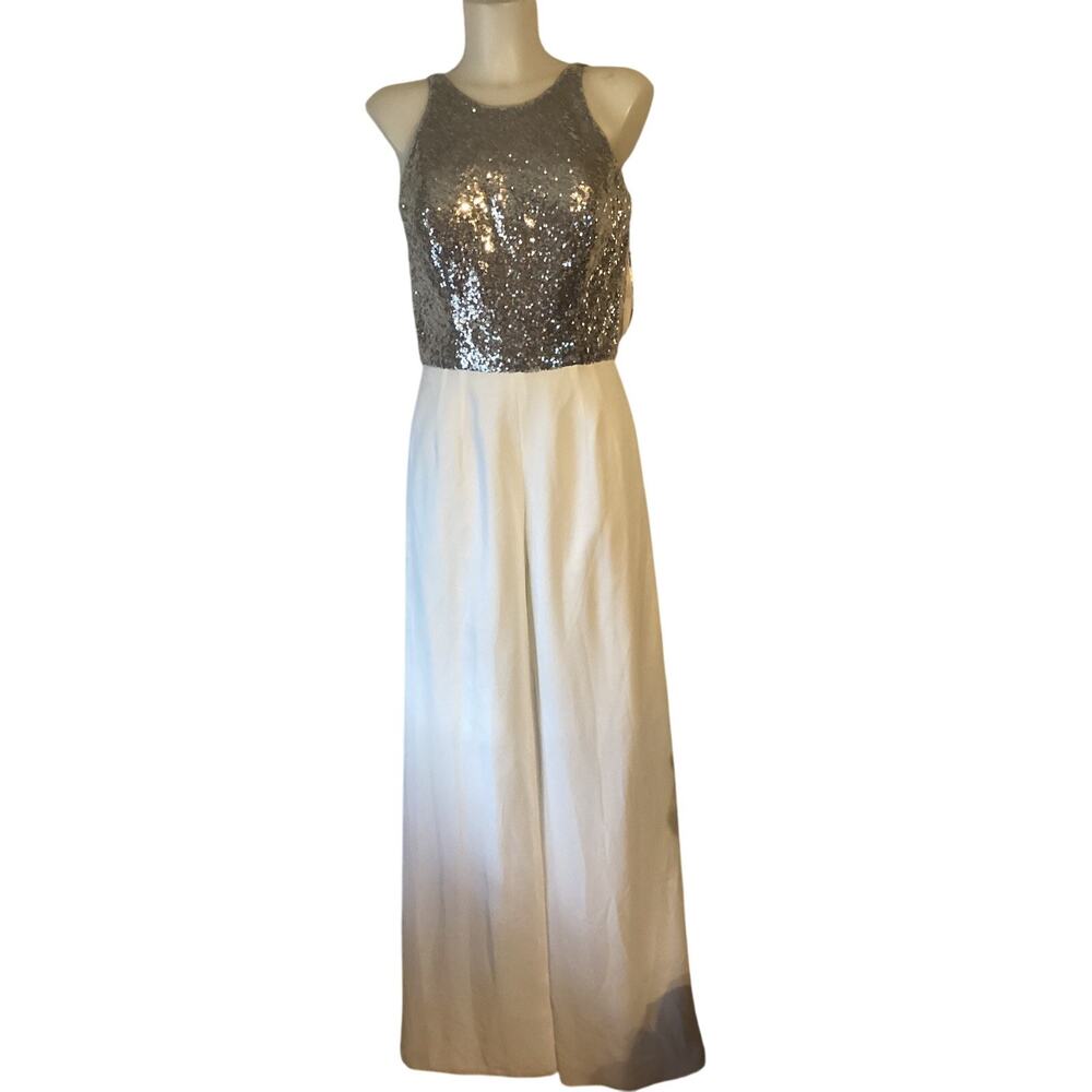 2707 NWT Jasmine B193065 Jewel Neckline Sequin & Poly Chiffon Wide Leg Jumpsuit